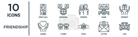 friendship outline icon set such as thin line video call, friends, present, t shirt, letter, car, hands icons for report, presentation, diagram, web design