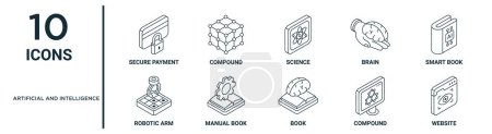 artificial and intelligence outline icon set such as thin line secure payment, science, smart book, manual book, compound, website, robotic arm icons for report, presentation, diagram, web design