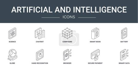 set of 10 outline web artificial and intelligence icons such as science, chatbot, compound, smart book, battery, globe, hand recognition vector icons for report, presentation, diagram, web design,