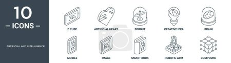 conjunto de iconos de esquema artificial e inteligencia incluye línea delgada d cubo, corazón artificial, brote, idea creativa, cerebro, móvil, iconos de imagen para el informe, presentación, diagrama, diseño web