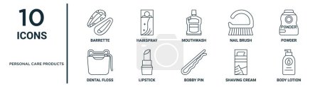 personal care products outline icon set such as thin line barrette, mouthwash, powder, lipstick, shaving cream, body lotion, dental floss icons for report, presentation, diagram, web design