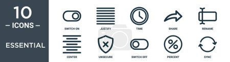 Esquema esencial icono conjunto incluye interruptor de línea delgada encendido, justificar, tiempo, compartir, cambiar el nombre, centro, iconos no seguros para el informe, presentación, diagrama, diseño web