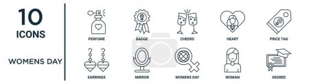 Conjunto de iconos de contorno de día para mujer, como perfume de línea delgada, vítores, etiqueta de precio, espejo, mujer, grado, iconos de pendientes para informe, presentación, diagrama, diseño web