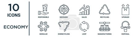 economy outline icon set such as thin line responsible, sales, upgrade, downcycling, manufacturing, disposal, modular icons for report, presentation, diagram, web design