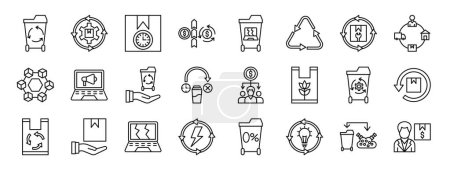 Ilustración de Conjunto de 24 iconos de la economía web esquema tales como instalaciones de residuos, recuperación, extensión de la vida del producto, economía circular, residuos, reciclaje, iconos de vectores de remanufactura para el informe, presentación, diagrama, web - Imagen libre de derechos