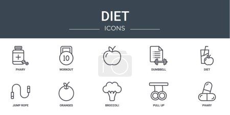 Satz von 10 umrissenen Web-Diät-Symbolen wie phary, Workout,, Hantel, Diät, Springseil, Orangen-Vektor-Symbole für Bericht, Präsentation, Diagramm, Webdesign, mobile App
