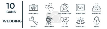 jeu d'icônes de contour de mariage tels que appareil photo mince ligne, invitation de mariage, gâteau de mariage, caméra vidéo, cloches, cadenas, icônes de clé d'amour pour rapport, présentation, diagramme, conception web