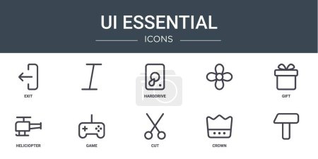 jeu de 10 icônes essentielles de web ui de contour telles que sortie,, disque dur, cadeau, hélicopter, icônes vectorielles de jeu pour rapport, présentation, diagramme, conception web, mobile