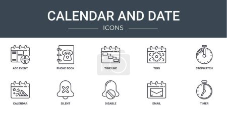 set of 10 outline web calendar and date icons such as add event, phone book, timeline, ting, stopwatch, calendar, silent vector icons for report, presentation, diagram, web design, mobile app
