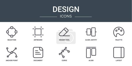 set of 10 outline web design icons such as selection, artboard, eraser tool, align justify, palette, anchor point, document vector icons for report, presentation, diagram, web design, mobile app