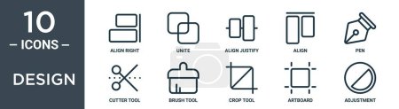Illustration for Design outline icon set includes thin line align right, unite, align justify, align, pen, cutter tool, brush tool icons for report, presentation, diagram, web design - Royalty Free Image