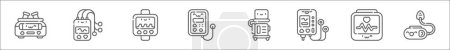 Ilustración de Esquema conjunto de iconos de línea de dispositivos electrónicos médicos. iconos vectoriales lineales como centrifugadora, holter, capnógrafo, monitor de apnea, iabp, emg, ecg, nebulizador - Imagen libre de derechos