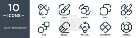 design brocken icon outline icon set includes thin line add, brush, convert, copy, de, plus, eraser icons for report, presentation, diagram, web design