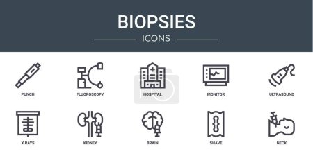 Satz von 10 umrissenen Web-Biopsien Symbole wie Punch, Fluoroskopie, Krankenhaus, Monitor, Ultraschall, Röntgenstrahlen, Nierenvektorsymbole für Bericht, Präsentation, Diagramm, Webdesign, mobile App