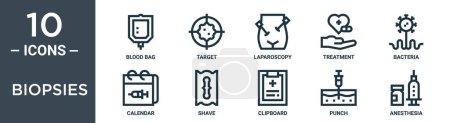 conjunto de iconos de esquema de biopsias incluye bolsa de sangre de línea fina, objetivo, laparoscopia, tratamiento, bacterias, calendario, iconos de afeitado para el informe, presentación, diagrama, diseño web