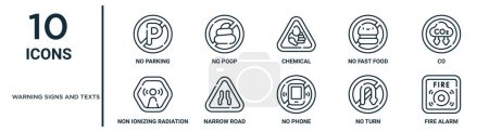 Illustration for Warning signs and texts outline icon set such as thin line no parking, chemical, co, narrow road, no turn, fire alarm, non ionizing radiation icons for report, presentation, diagram, web design - Royalty Free Image