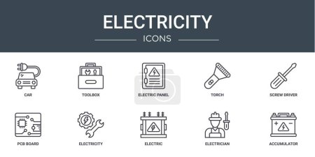 set of 10 outline web electricity icons such as car, toolbox, electric panel, torch, screw driver, pcb board, electricity vector icons for report, presentation, diagram, web design, mobile app