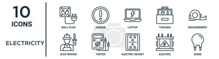 Elektrizitätssymbole wie dünne Stecker, Laptop, Messung, Tester, Elektrik, Diode, Elektriker-Symbole für Bericht, Präsentation, Diagramm, Webdesign