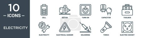 conjunto de iconos de contorno de electricidad incluye célula de línea delgada, motor, encendido, condensador, caja de herramientas, electricidad, iconos de peligro eléctrico para el informe, presentación, diagrama, diseño web