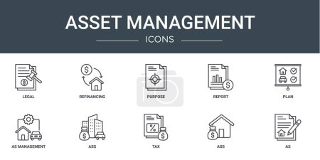 set of 10 outline web asset management icons such as legal, refinancing, purpose, report, plan, as management, ass vector icons for report, presentation, diagram, web design, mobile app