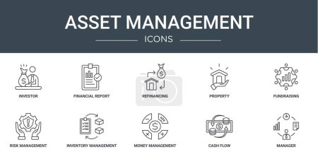 Satz von 10 umrissenen Web-Asset-Management-Symbolen wie Investor, Finanzbericht, Refinanzierung, Immobilien, Fundraising, Risikomanagement, Bestandsmanagement-Vektor-Symbole für Bericht, Präsentation,