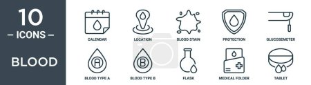 Blutumrisssymbole enthalten Kalender, Standort, Blutfleck, Schutz, Glukosemeter, Blutgruppe A, Typ-B-Symbole für Bericht, Präsentation, Diagramm, Webdesign