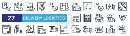 set of 27 outline web delivery logistics icons such as cash on delivery, distribution, bill, cargo box, shelves, delivery, return, keep dry vector thin line icons for web design, mobile app.