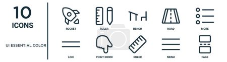 ui essential color outline icon set such as thin line rocket, bench, more, point down, menu, page, line icons for report, presentation, diagram, web design