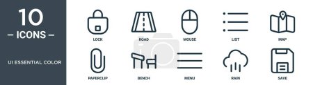 ui essential color outline icon set includes thin line lock, road, mouse, list, map, paperclip, bench icons for report, presentation, diagram, web design