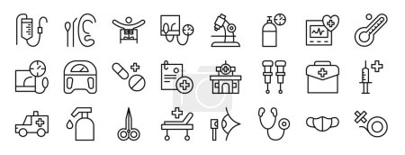 set of 24 outline web medical equipment icons such as infusion, otoscope, radiology, sphygmomanometer, microscope, oxygen tube, defribilator vector icons for report, presentation, diagram, web