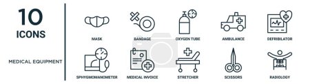 medical equipment outline icon set such as thin line mask, oxygen tube, defribilator, medical invoice, scissors, radiology, sphygmomanometer icons for report, presentation, diagram, web design