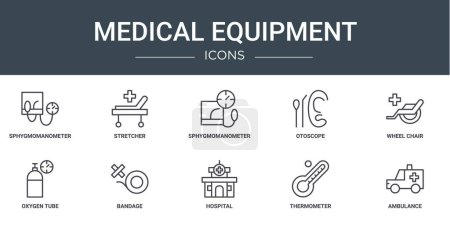 Set von 10 umrissenen Web-Symbolen medizinischer Geräte wie Blutdruckmessgerät, Krankentrage, Blutdruckmessgerät, Otoskop, Rollstuhl, Sauerstoffschlauch, Verbandsvektorsymbole für Bericht, Präsentation, Diagramm, Web