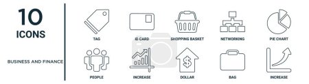 business and finance outline icon set such as thin line tag, shopping basket, pie chart, increase, bag, increase, people icons for report, presentation, diagram, web design