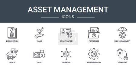 set of 10 outline web asset management icons such as depreciation, value, qualification, portofolio, risk management, update, cash vector icons for report, presentation, diagram, web design, mobile