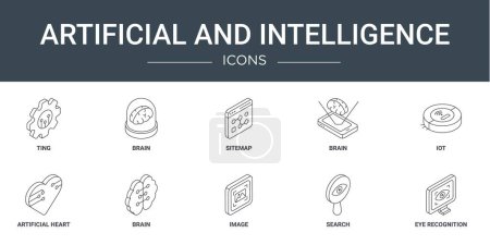 Set von 10 umrissenen Web-Icons für künstliche und intelligente Intelligenz wie Ting, Gehirn, Sitemap, Gehirn, Iot, Kunstherz, Gehirn-Vektorsymbole für Bericht, Präsentation, Diagramm, Webdesign, mobile App