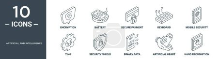artificial and intelligence outline icon set includes thin line encryption, battery, secure payment, keyboard, mobile security, ting, security shield icons for report, presentation, diagram, web