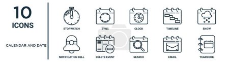 Illustration for Calendar and date outline icon set such as thin line stopwatch, clock, snow, delete event, email, yearbook, notification bell icons for report, presentation, diagram, web design - Royalty Free Image