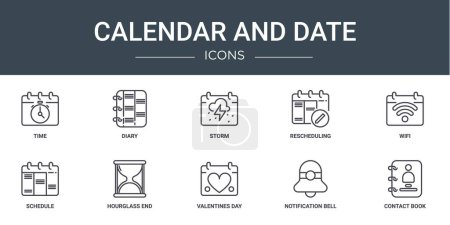 set of 10 outline web calendar and date icons such as time, diary, storm, rescheduling, wifi, schedule, hourglass end vector icons for report, presentation, diagram, web design, mobile app