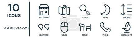 ui esencial conjunto de iconos de contorno de color como restaurante de línea delgada, búsqueda, espaciado, ratón, teléfono, microscopio, iconos de cita para el informe, presentación, diagrama, diseño web