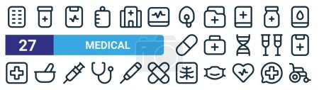 set of 27 outline web medical icons such as pills, pills bottle, medical record, medical report, first aid kit, mortar, x rays, wheelchair vector thin line icons for web design, mobile app.