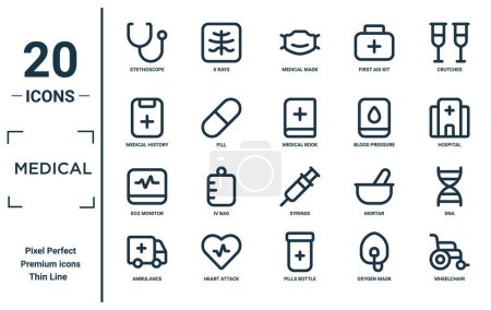 medical linear icon set. includes thin line stethoscope, medical history, ecg monitor, ambulance, wheelchair, medical book, dna icons for report, presentation, diagram, web design