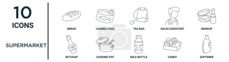 supermarket outline icon set such as thin line bread, tea bag, makeup, cooking pot, candy, softener, ketchup icons for report, presentation, diagram, web design