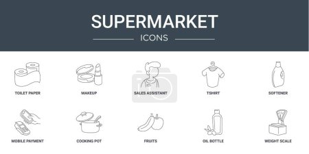 set of 10 outline web supermarket icons such as toilet paper, makeup, sales assistant, tshirt, softener, mobile payment, cooking pot vector icons for report, presentation, diagram, web design,