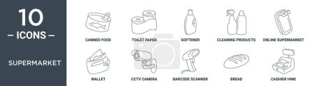 Illustration for Supermarket outline icon set includes thin line canned food, toilet paper, softener, cleaning products, online supermarket, wallet, cctv camera icons for report, presentation, diagram, web design - Royalty Free Image