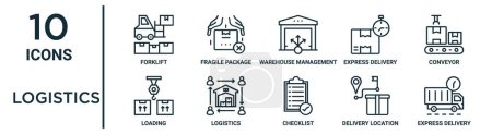logistics outline icon set such as thin line forklift, warehouse management, conveyor, logistics, delivery location, express delivery, loading icons for report, presentation, diagram, web design