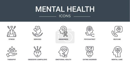 set of 10 outline web mental health icons such as stress, services, awareness, psychiatrist, helpline, theraphy, obsessive compulsive disorder vector icons for report, presentation, diagram, web