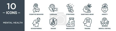 mental health outline icon set includes thin line cognitive behavior, campaign, strategies, substance abuse, anxiety, schizophrenia, suicide icons for report, presentation, diagram, web design
