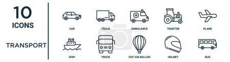 transport outline icon set such as thin line car, ambulance, plane, truck, helmet, bus, ship icons for report, presentation, diagram, web design