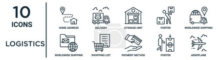 logistics outline icon set such as thin line home address, storage unit, worldwide shipping, shopping list, porter, aeroplane, worldwide shipping icons for report, presentation, diagram, web design