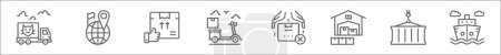 outline set of logistics line icons. linear vector icons such as delivery, geolocation, verified, food delivery, fragile package, warehouse, container, cargo ship